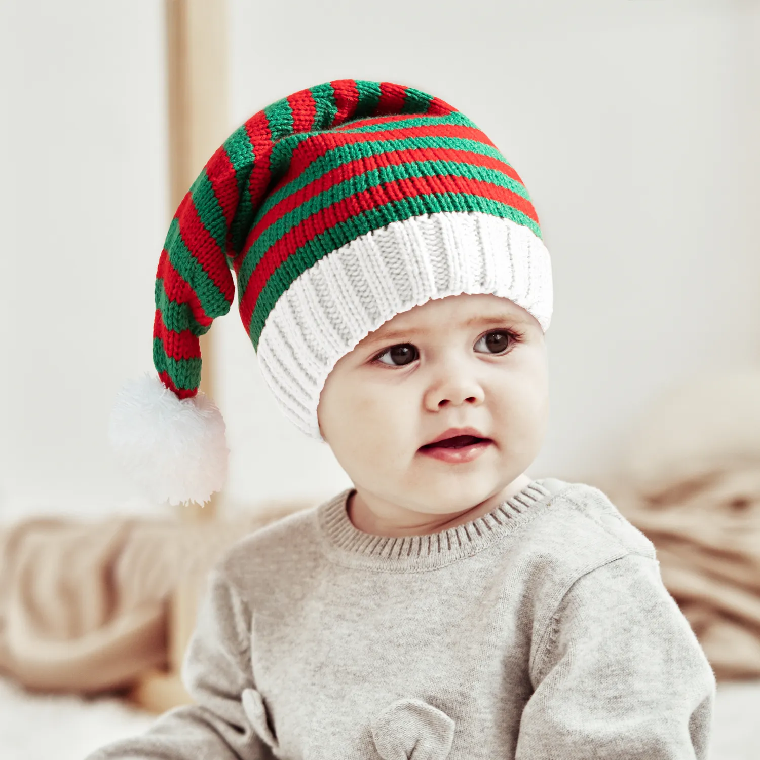 Santa Beanie Hat Christmas Red and White Knitted Christmas Caps Winter Hat Xmas Hats for Mom and Me Green/White/Red image 4