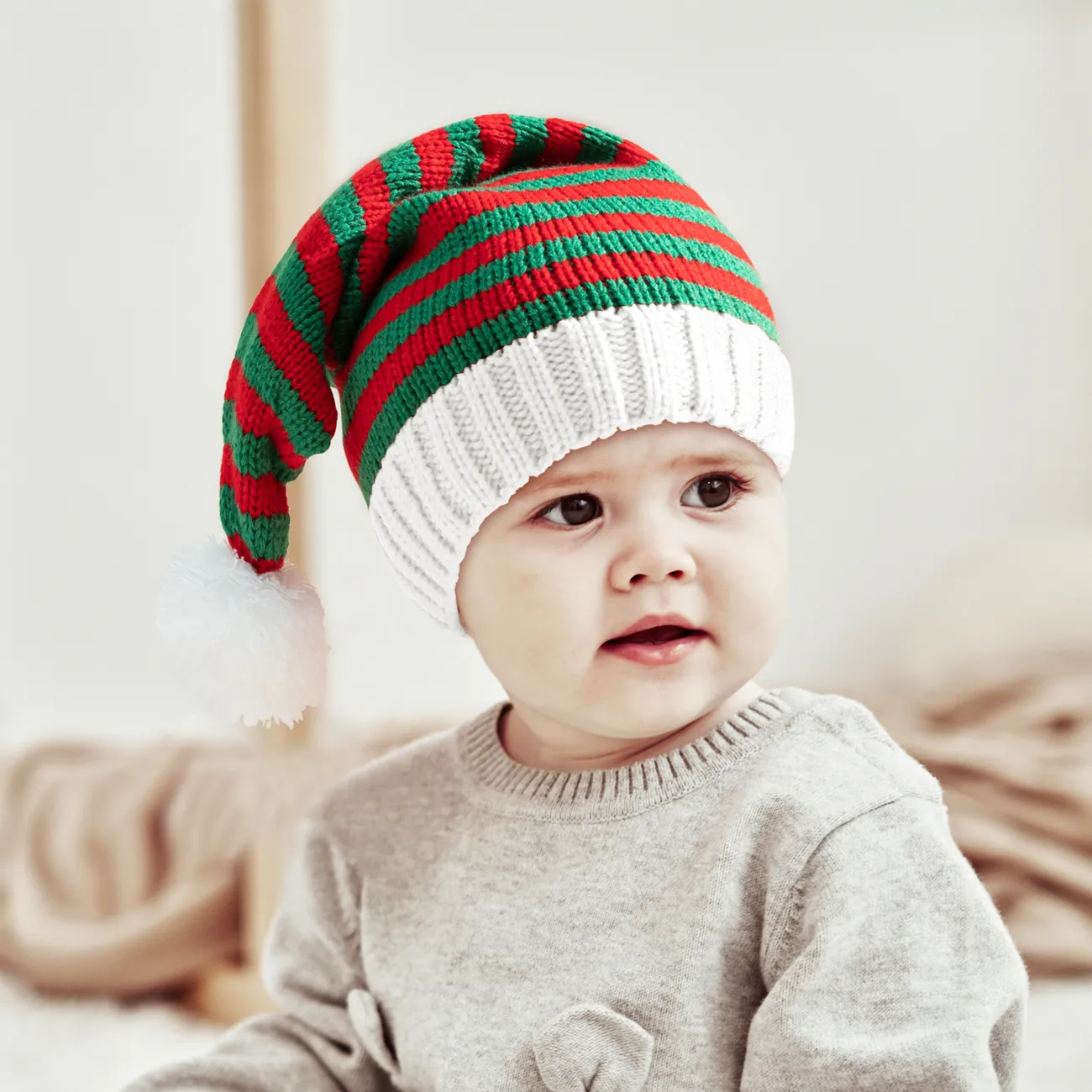 sombrero de santa navidad rojo y blanco gorras navideñas de punto sombrero de invierno sombreros navideños para mamá y para mí Verde / Blanco / Rojo big image 1