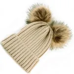Double Hairball Knitted Beanie Hats for Mommy and Me Beige