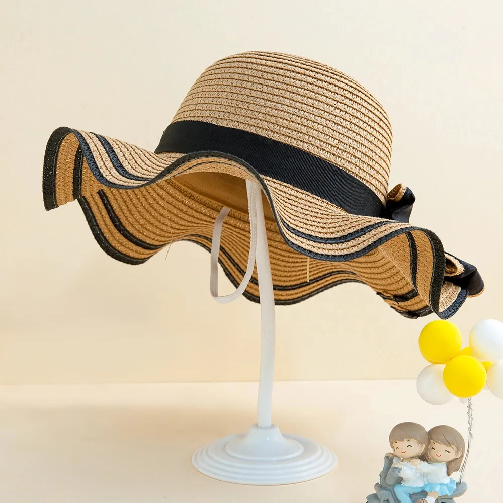 Big Bow Decor Wavy Edge Two Tone Straw Hat for Mom and Me  big image 2