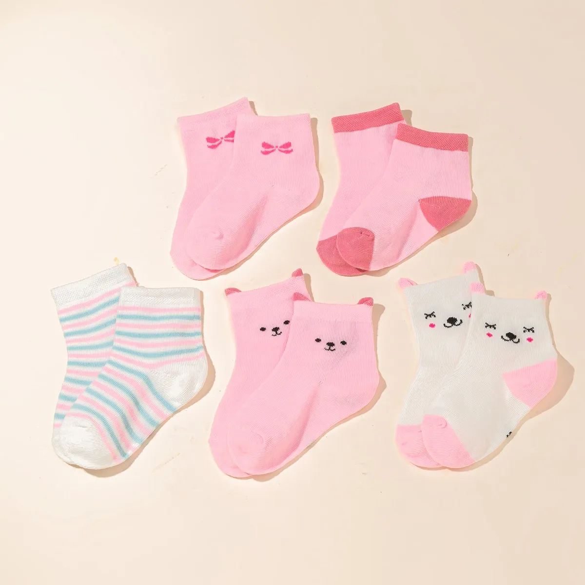 Paquete de 5 calcetines de bloques de color con gráficos de dibujos animados lindos para bebés / niños pequeños Rosado big image 1