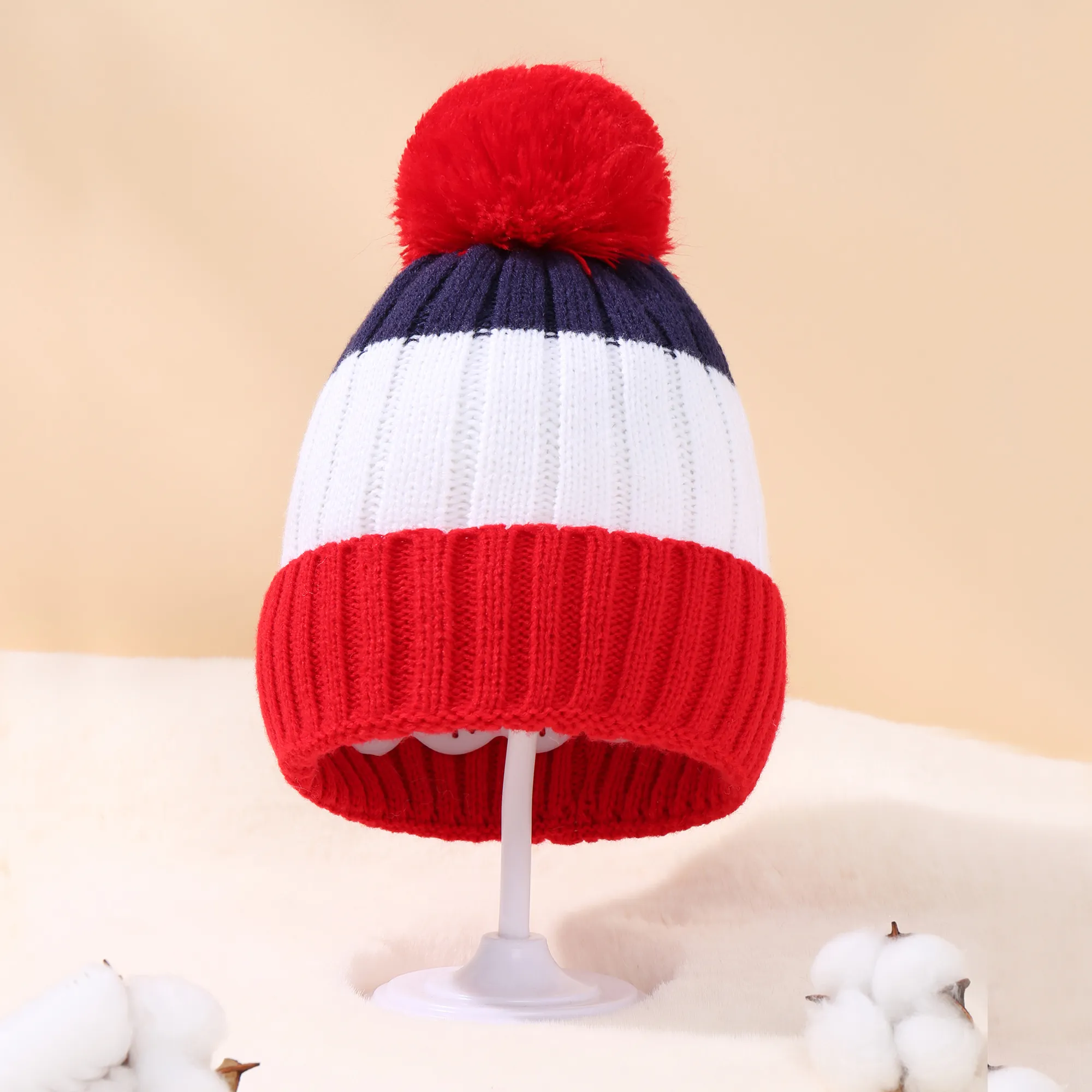 Baby / Toddler Big Pom Pom Decor Color Block Knit Beanie Hat  big image 1