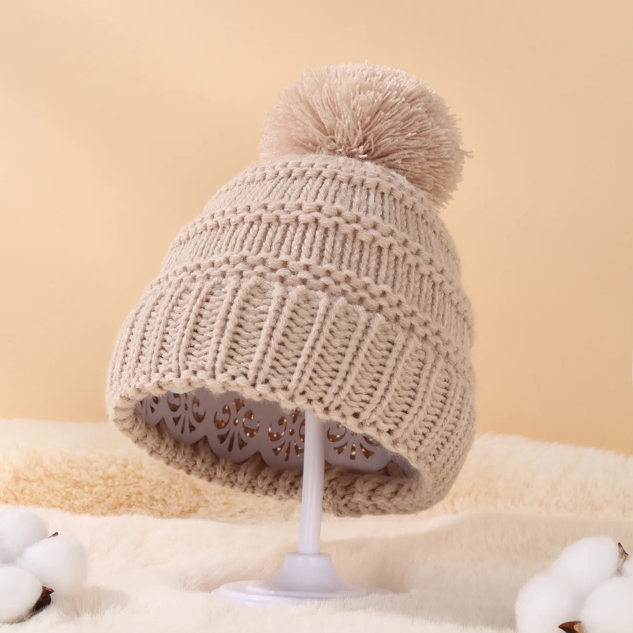 Baby / Toddler Pom Pom Decor Solid Knitted Beanie Hat Khaki big image 1