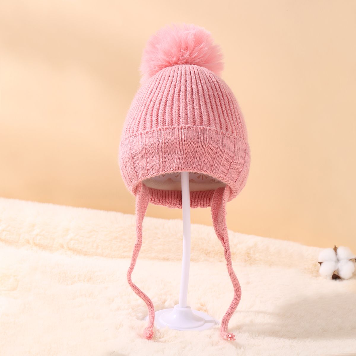 

Baby / Toddler Ribbed Knit Lace Up Beanie Ear Protection Hat