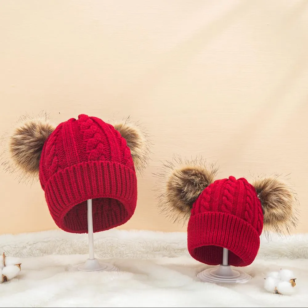 Big Pompon Decor Cable Knit Beanie Hat for Mom and Me Red big image 1