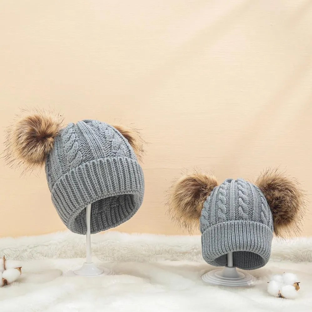 Big Pompon Decor Cable Knit Beanie Hat for Mom and Me