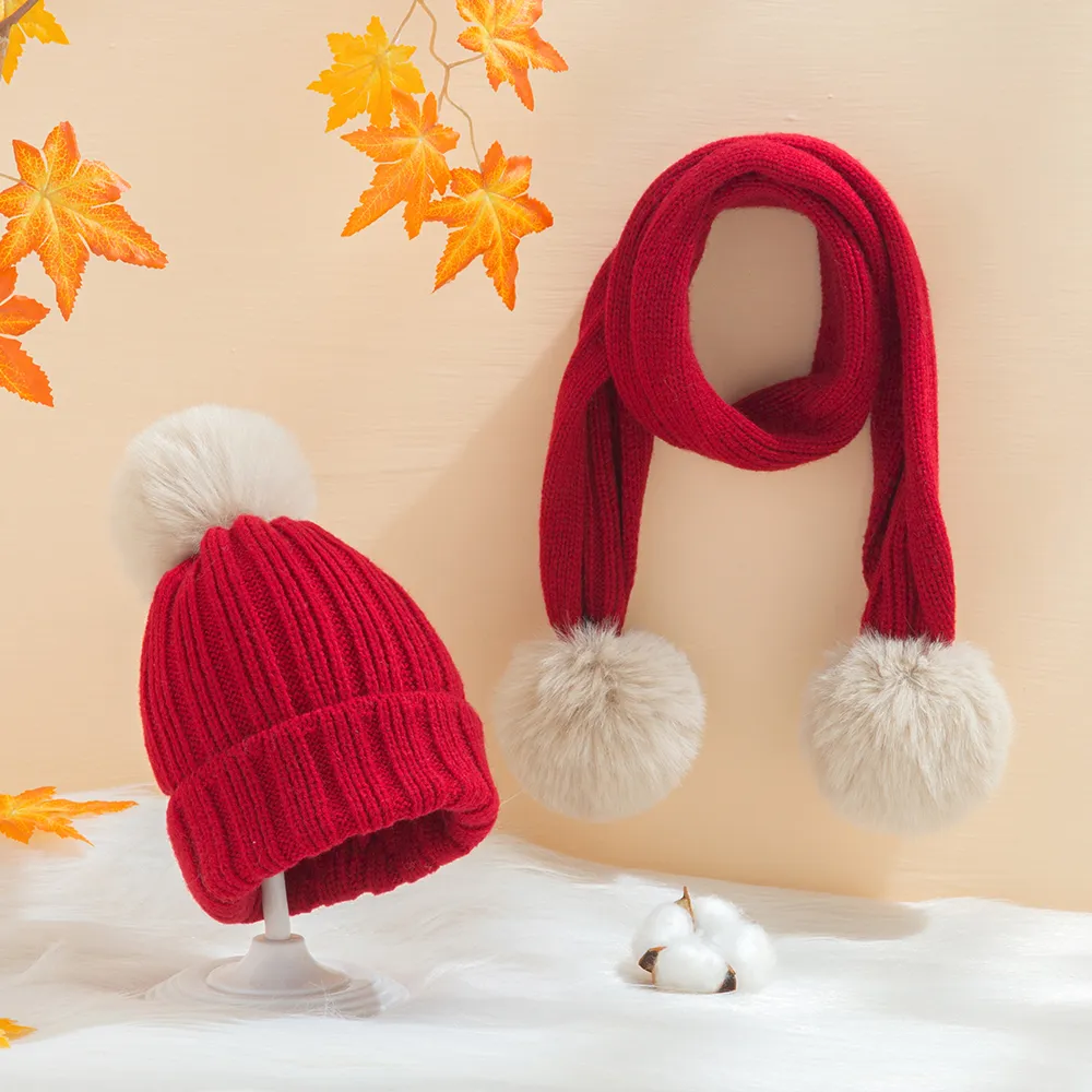 2-pack Baby / Toddler Christmas Big Pom Pom Decor Thermal Beanie Hat & Scarf Red big image 1