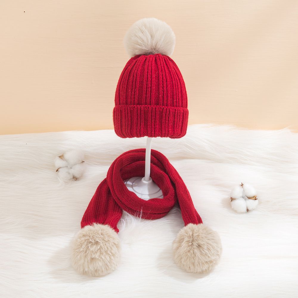 2 件裝嬰兒/學步兒童聖誕大絨球裝飾保暖無簷小便帽和圍巾