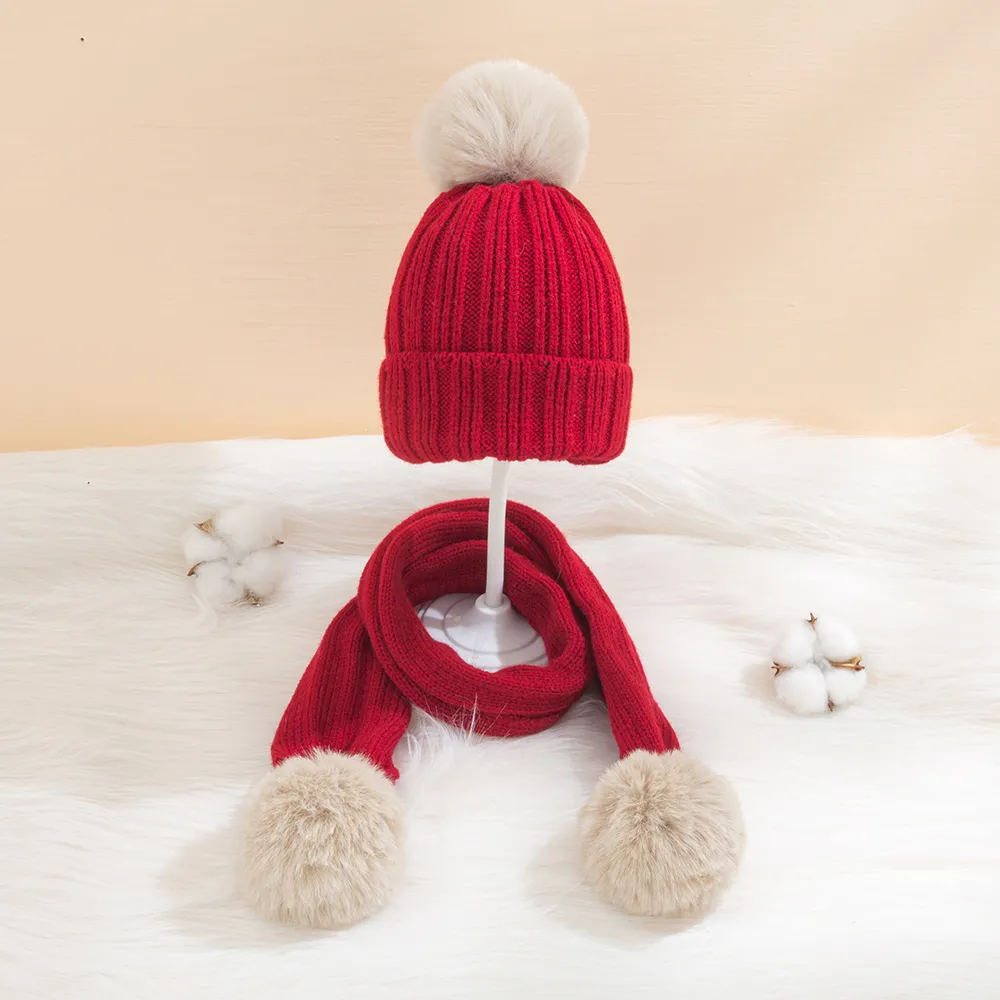 2-pack Baby / Toddler Christmas Big Pom Pom Decor Thermal Beanie Hat & Scarf Red big image 1