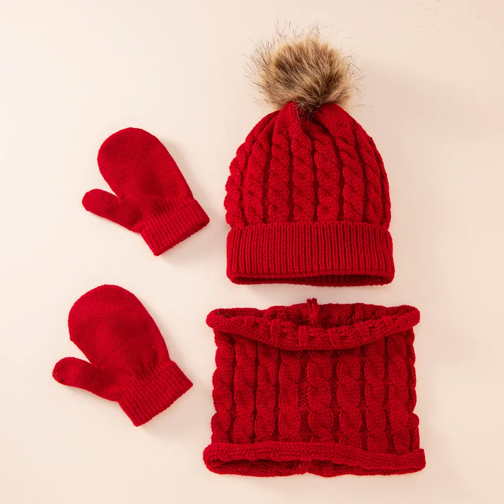 Lot de 3 bonnets unis pour bébé, écharpe à débordement et gants mitaines Rouge big image 1