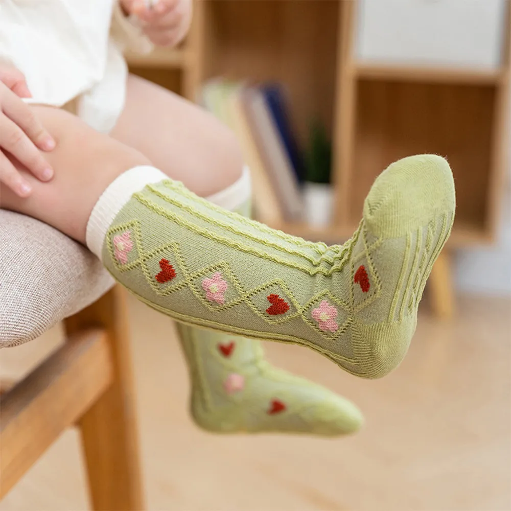 Baby / Toddler Floral & Heart Pattern Long Stockings Green