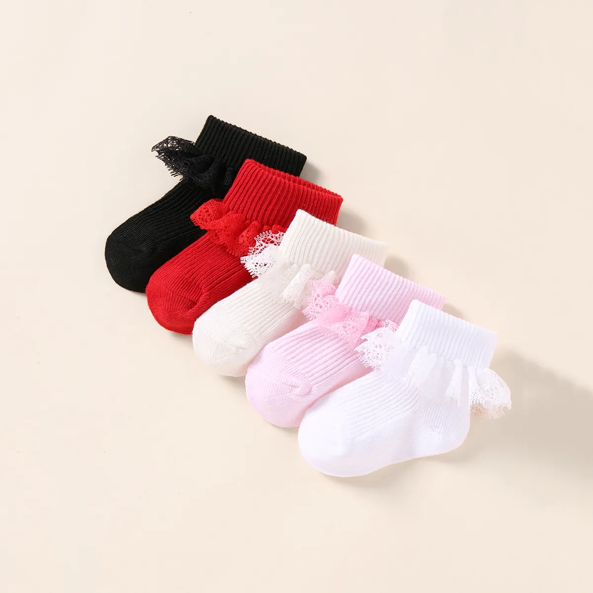 5 Pairs Baby Solid Lace Trim Socks Set Multi-color big image 1