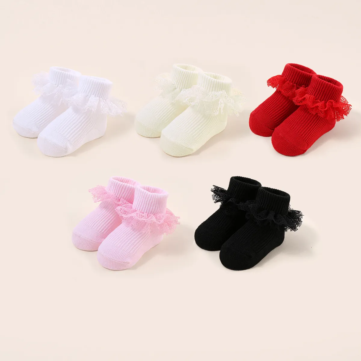 5 Pairs Baby Solid Lace Trim Socks Set Multi-color big image 1