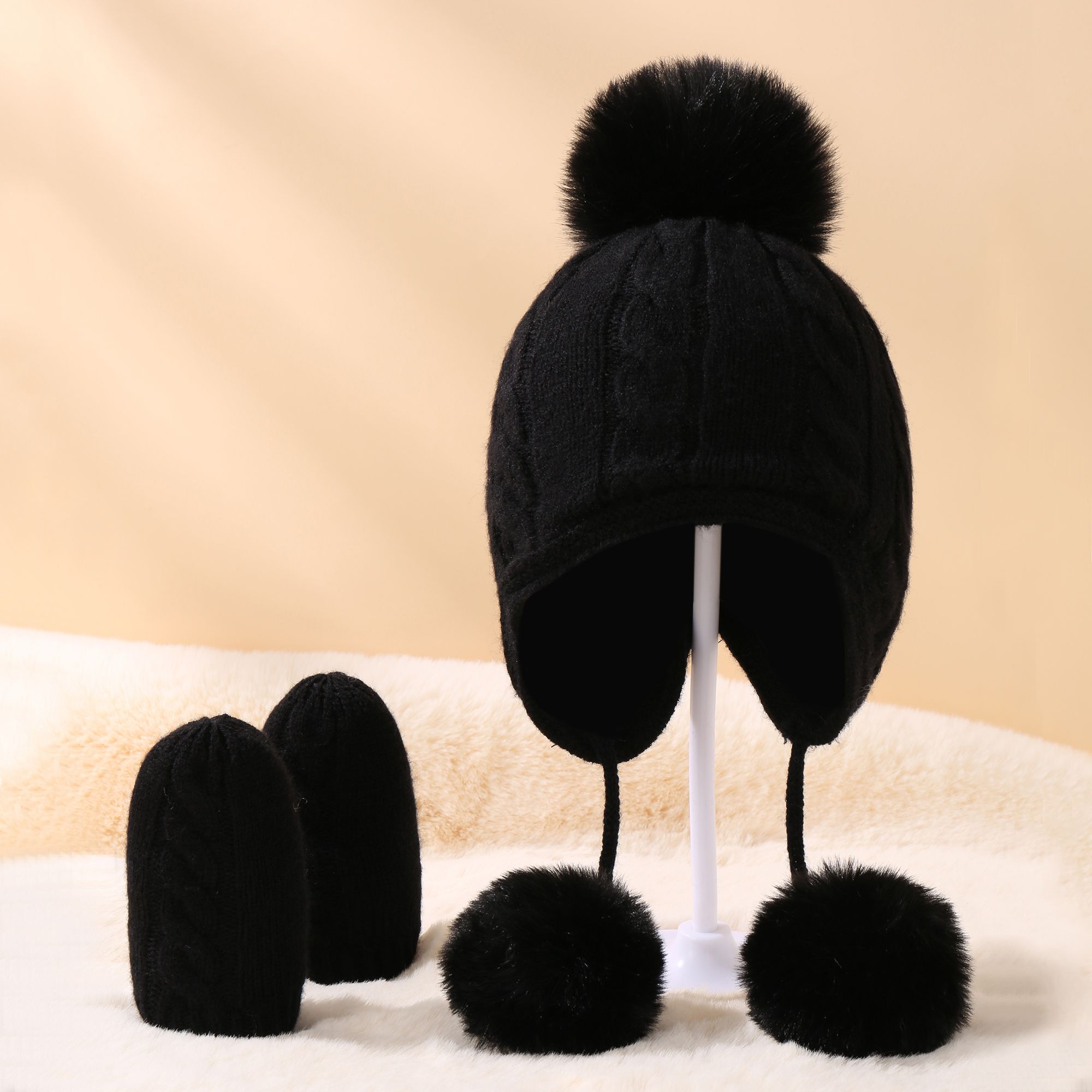 

2-pack Baby / Toddler Pom Pom Decor Knitted Hat & Gloves Set