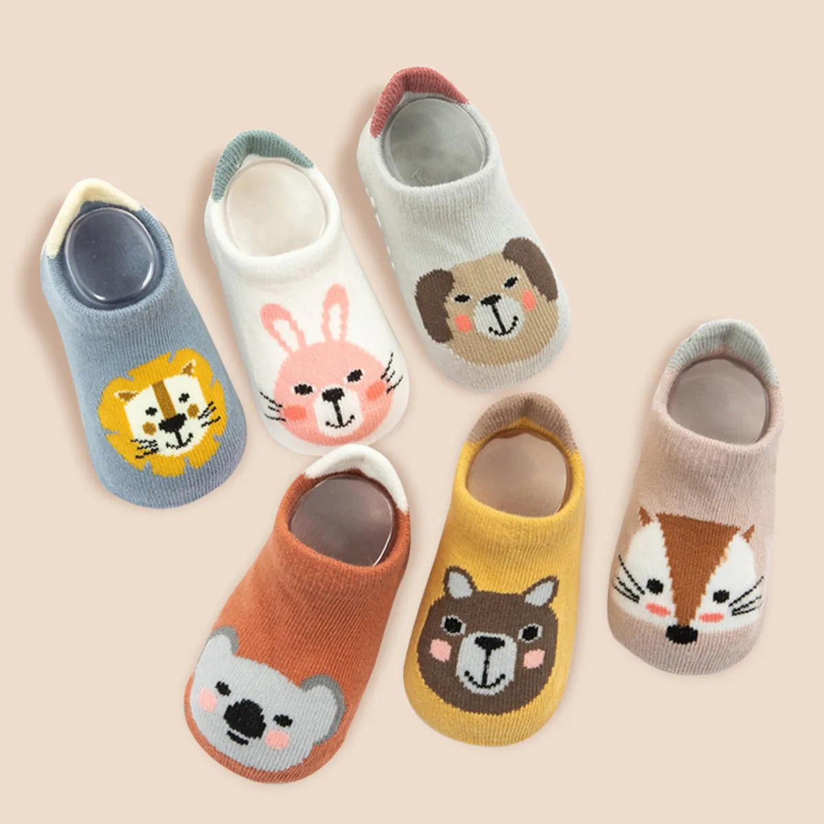 6 Pairs Baby / Toddler Cute Cartoon Animal Pattern Non-slip Grip Socks Multi-color image 2