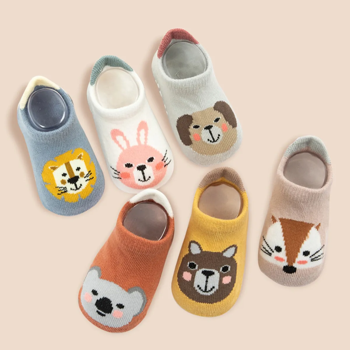 6 pares Bebé / niño pequeño lindo dibujo animado animal patrón antideslizante calcetines de agarre Multicolor big image 1