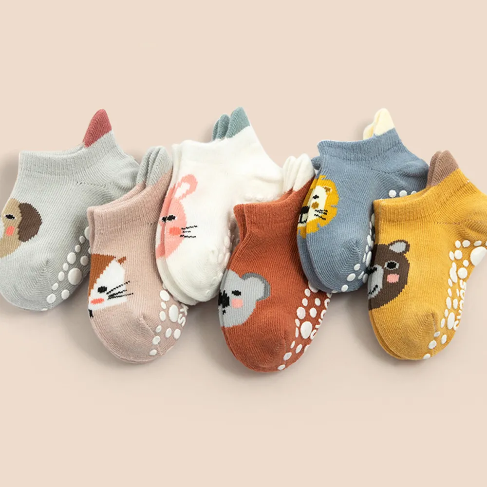 6 Pairs Baby / Toddler Cute Cartoon Animal Pattern Non-slip Grip Socks big image 3