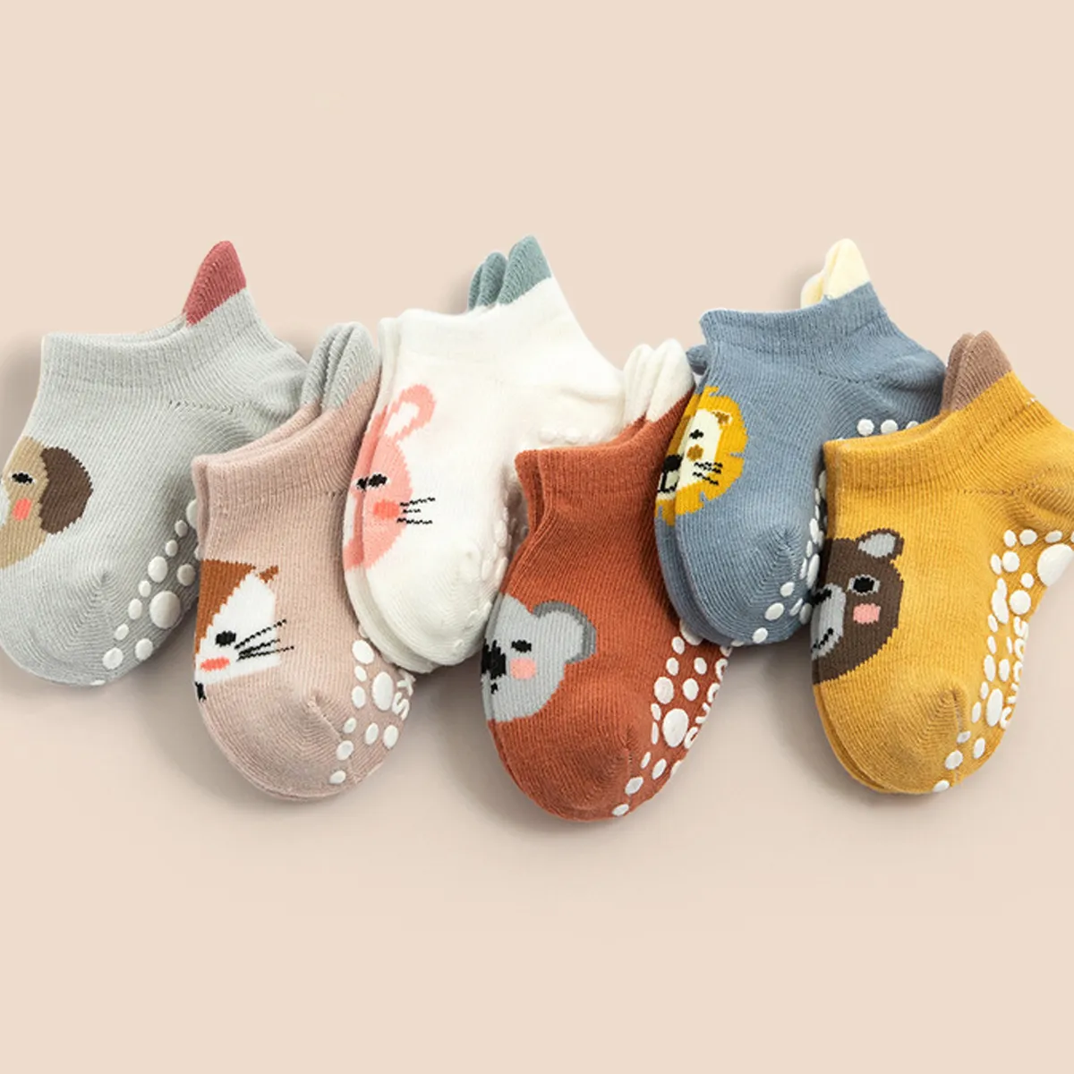 6 Pairs Baby / Toddler Cute Cartoon Animal Pattern Non-slip Grip Socks Multi-color big image 1
