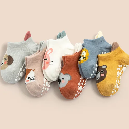 6 pares de calcetines antideslizantes con patrón de animales de dibujos animados para bebés y niños pequeños