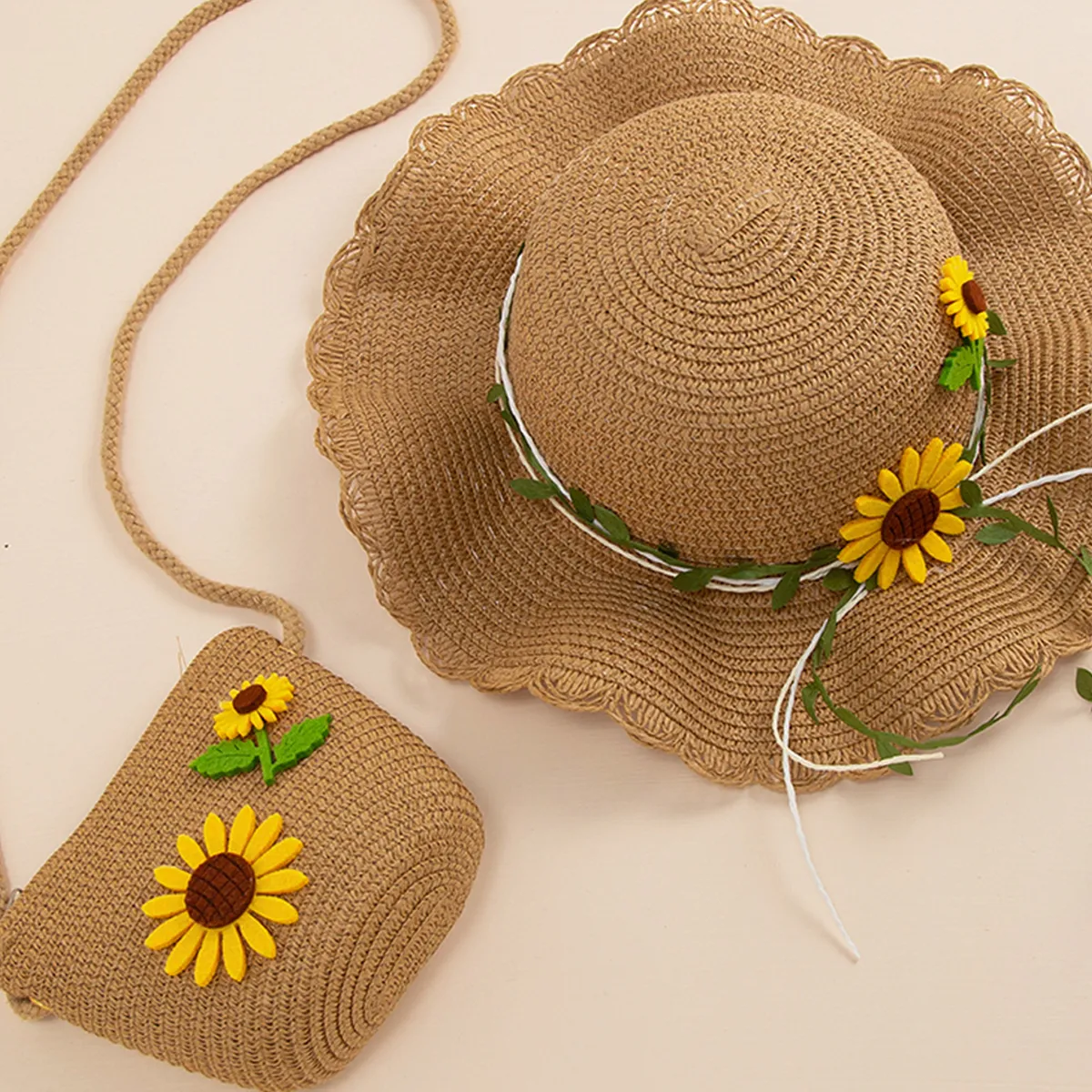 2 piezas de sombrero y bolsa de paja con decoración de margaritas para niños pequeños/niños Caqui big image 1