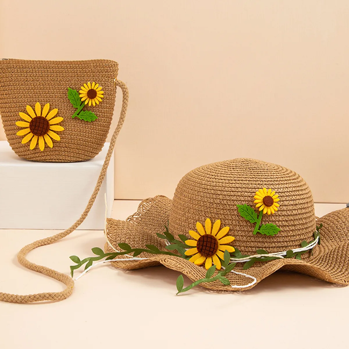 2 piezas de sombrero y bolsa de paja con decoración de margaritas para niños pequeños/niños Caqui big image 1
