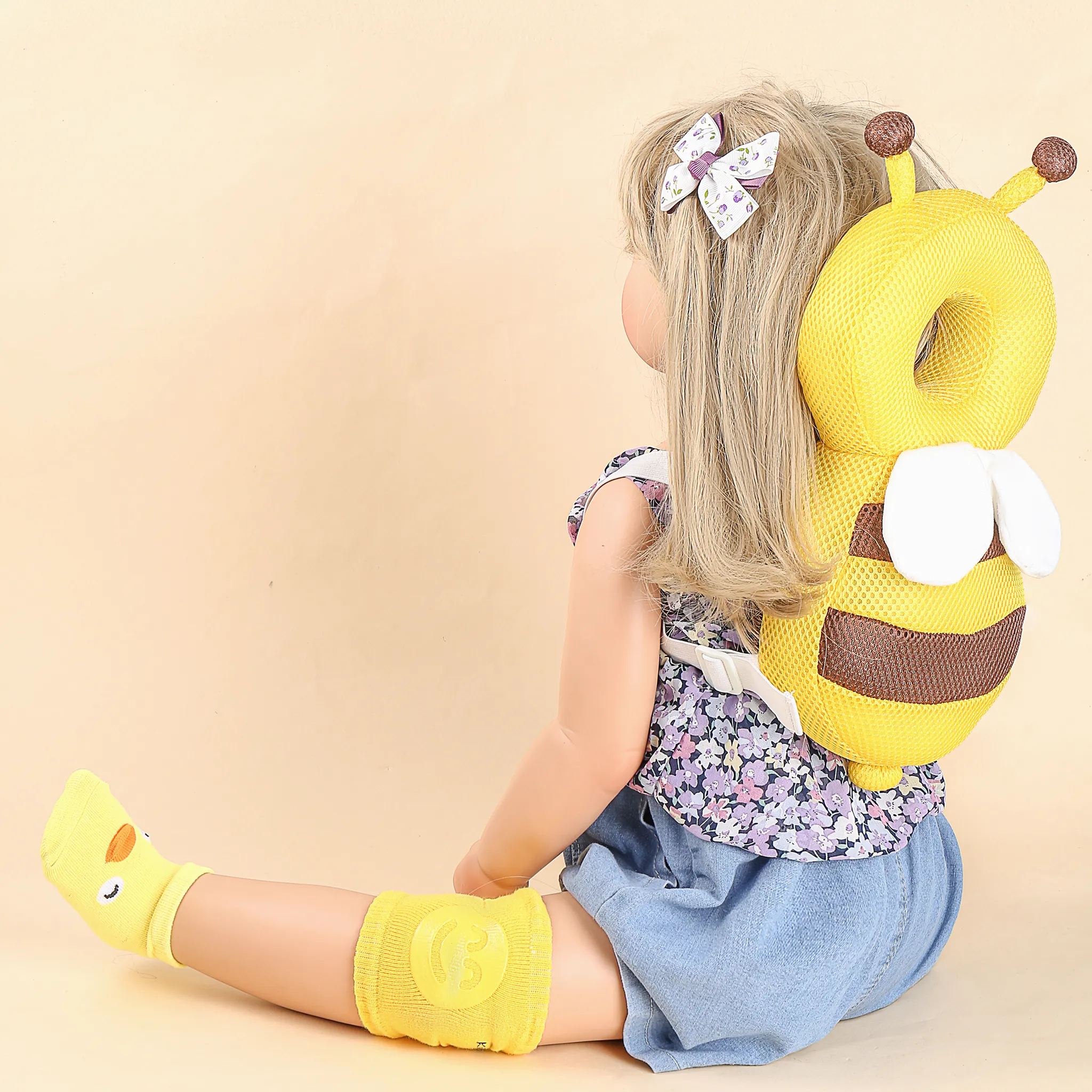 3-piece set Baby Little Bee Headrest Yellow Smiling Face Knee Pad Little Yellow Duck Dispensing Socks