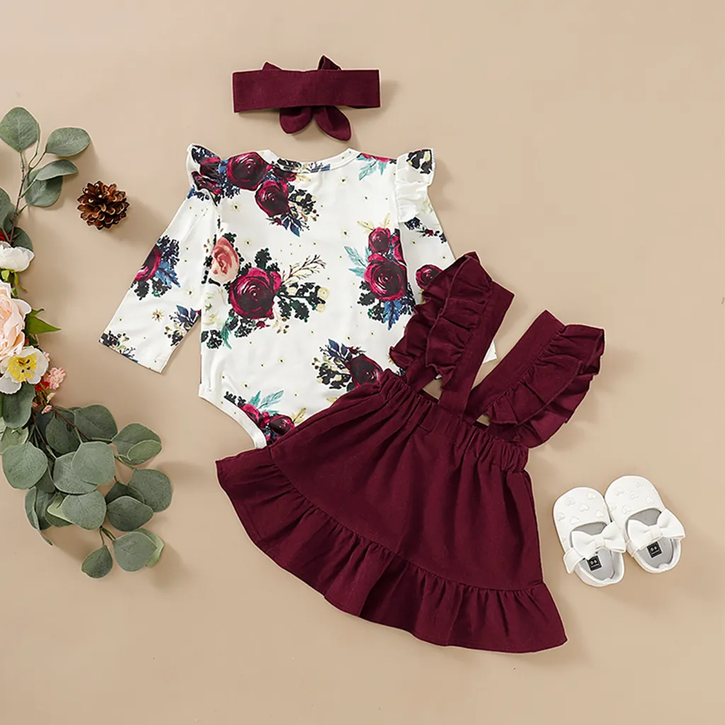 3pcs Floral Print Ruffle Decor Long-sleeve Baby Set White image 3