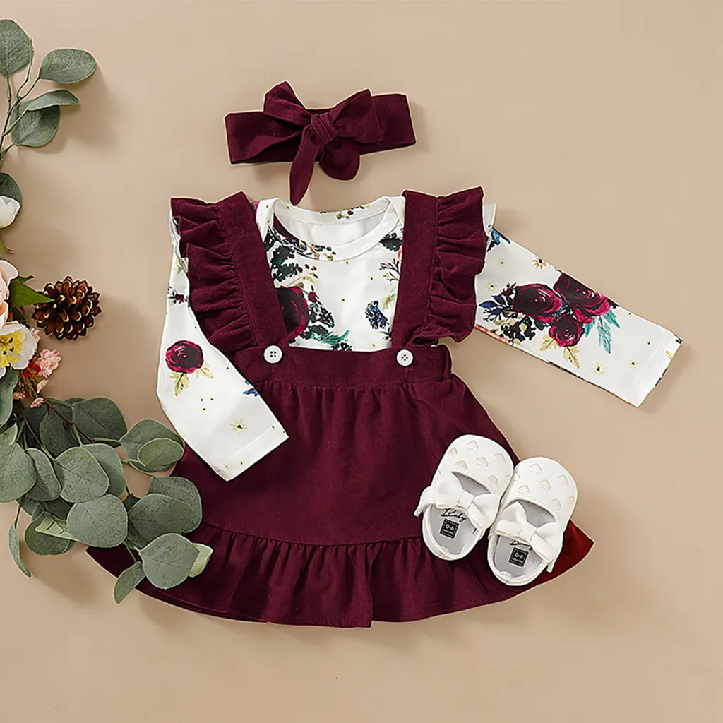 3pcs Floral Print Ruffle Decor Long-sleeve Baby Set White image 2