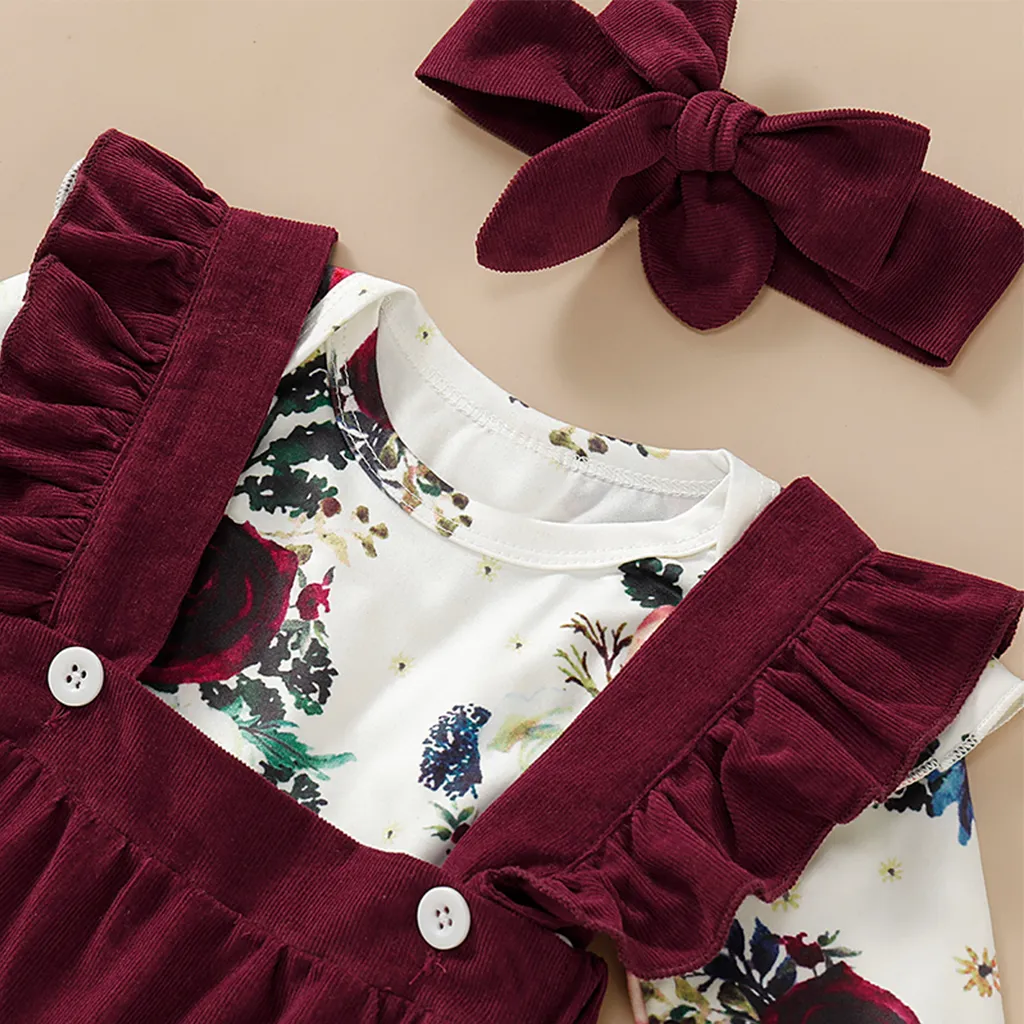 3pcs Floral Print Ruffle Decor Long-sleeve Baby Set White image 5