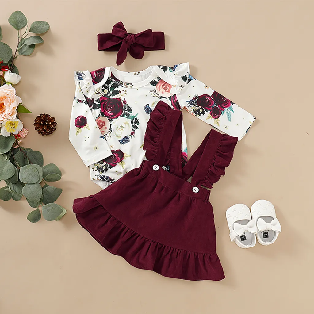 3pcs Floral Print Ruffle Decor Long-sleeve Baby Set White big image 1