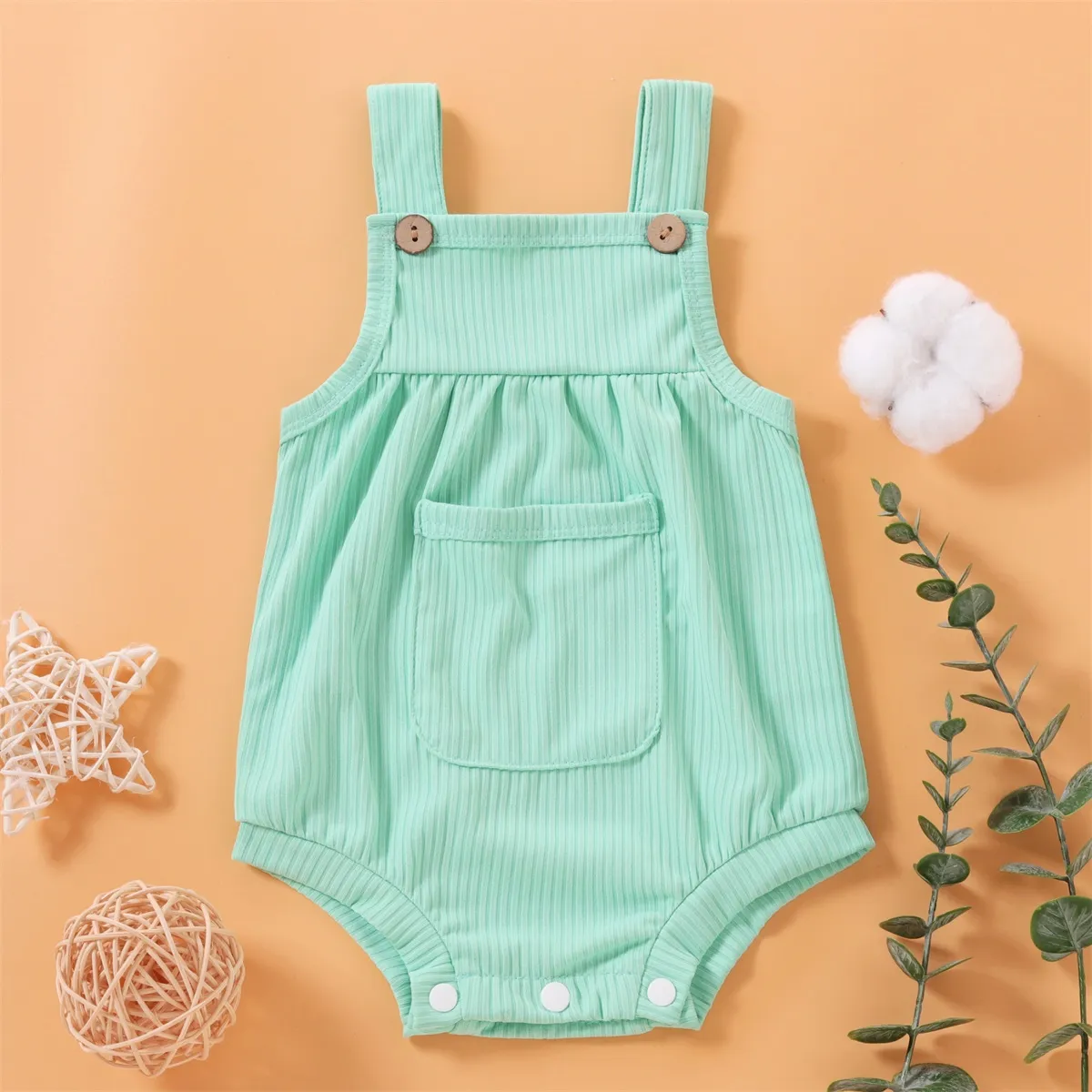 Ribbed Solid Pocket Decor Sleeveless Baby Romper Pale Green big image 1