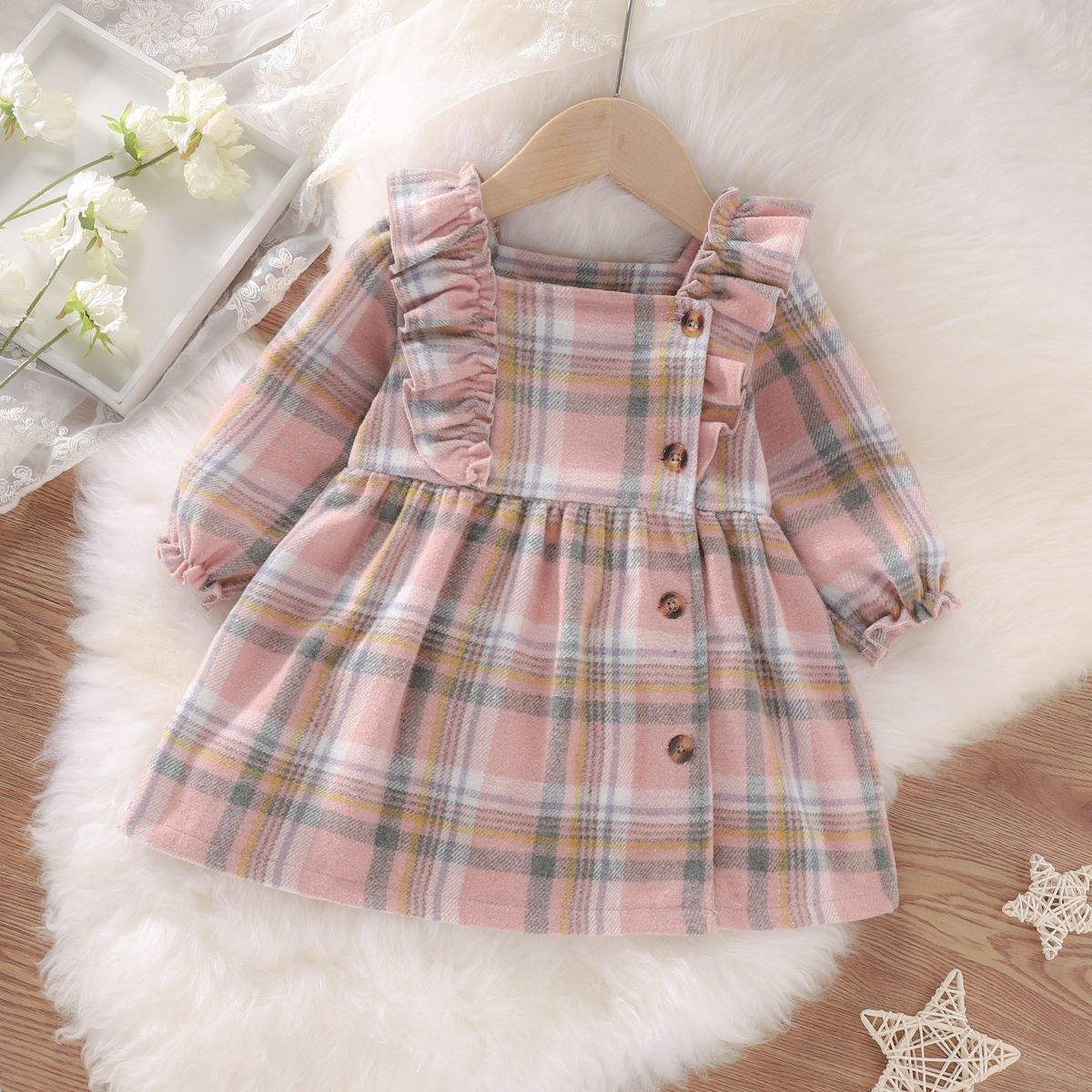 

100% Cotton Plaid Print Ruffled Decor Long-sleeve Pink Baby Dress