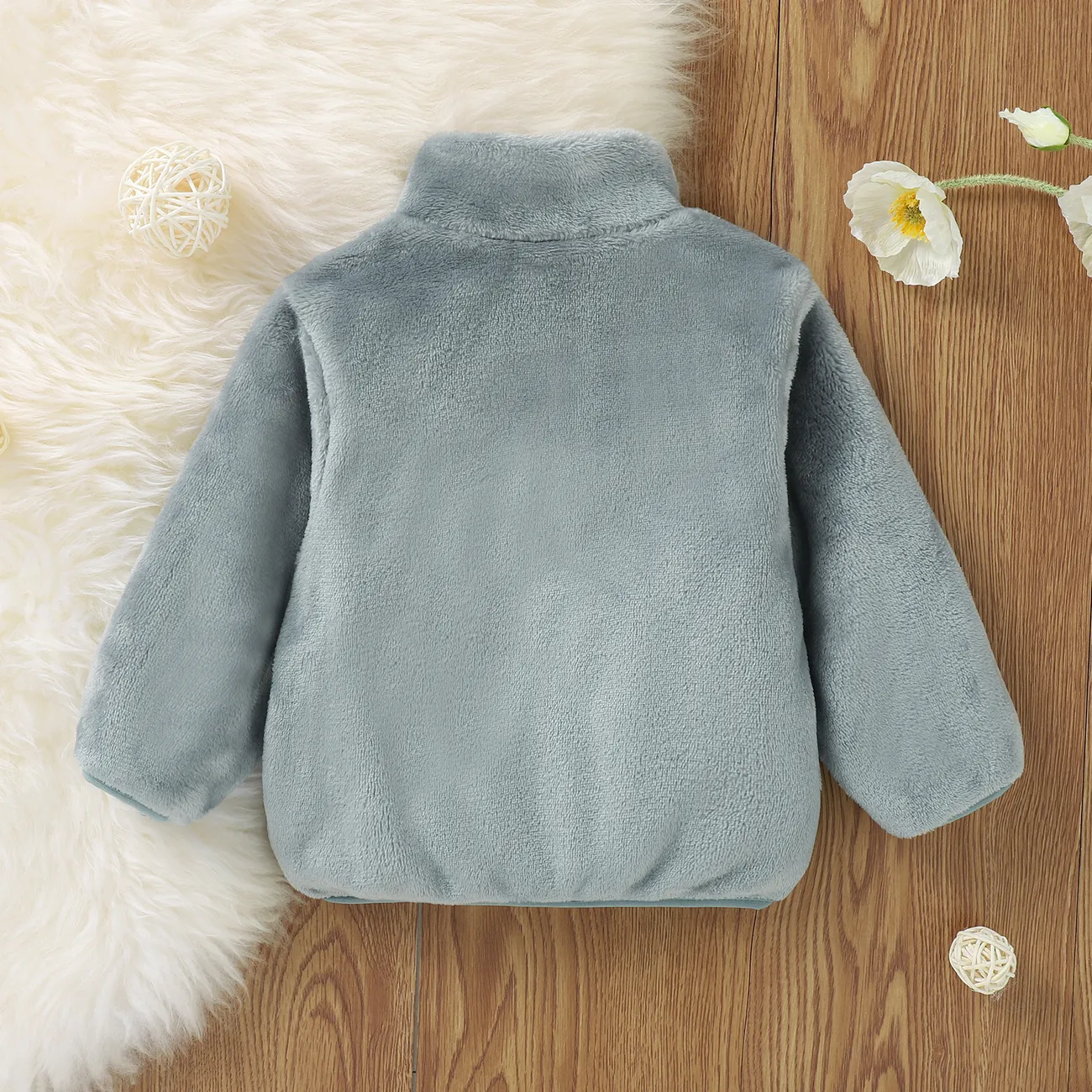 Solid Stand Collar Fleece Long-sleeve Baby Coat Jacket Light Grey big image 1
