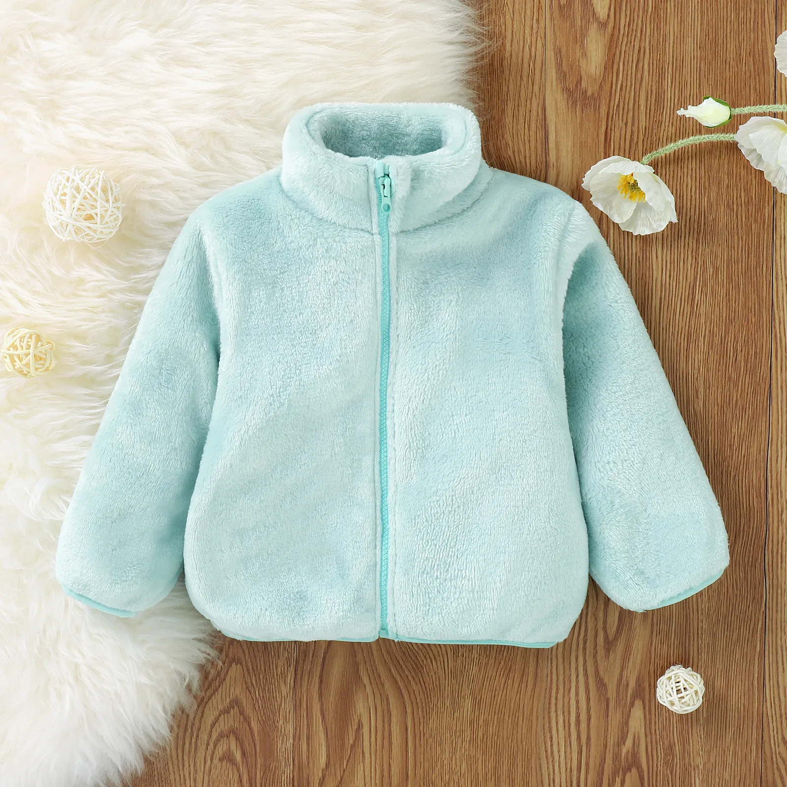 Solid Stand Collar Fleece Long-sleeve Baby Coat Jacket Mint Green