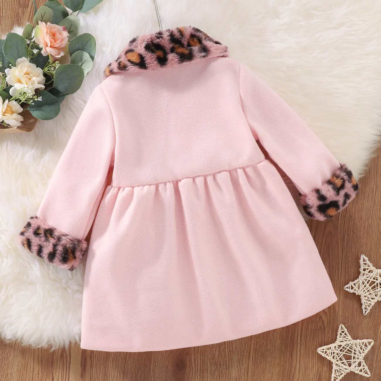 Baby Solid Pink Wool Blend Coat with Leopard Faux Fur Collar Light Pink big image 1