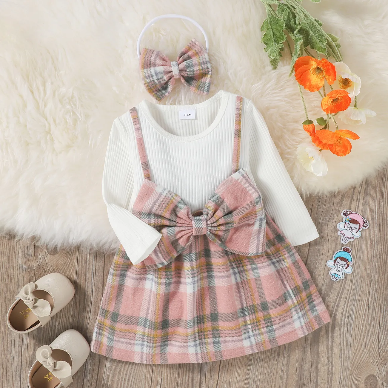 Baby 2pcs White Ribbed Splicing Pink Plaid Bowknot Long-sleeve Faux-two Dress Set Light Pink big image 1