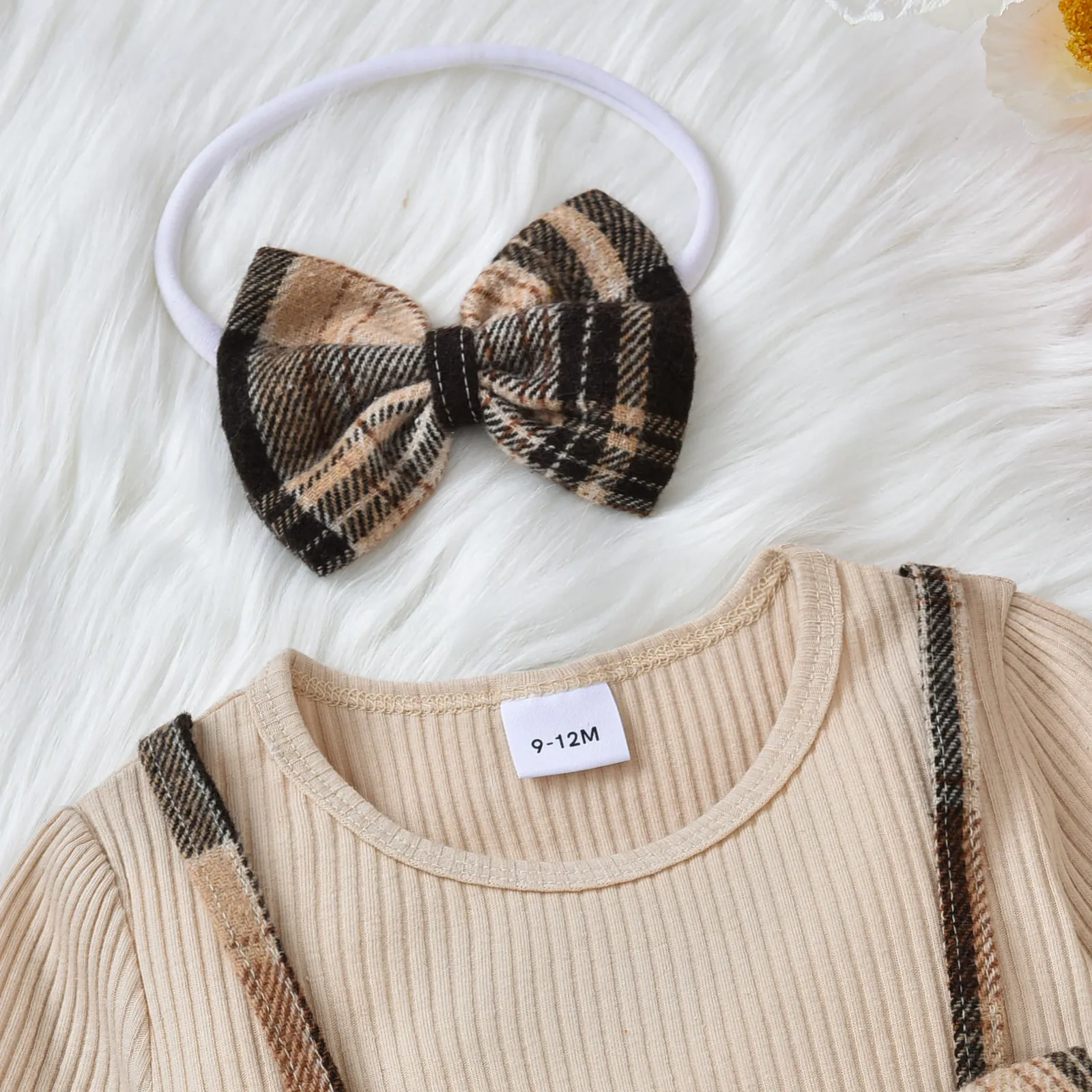 طفل 2 قطعة أبيض مضلع الربط الوردي منقوشة bowknot طويلة الأكمام فو اثنين اللباس مجموعة  image 4