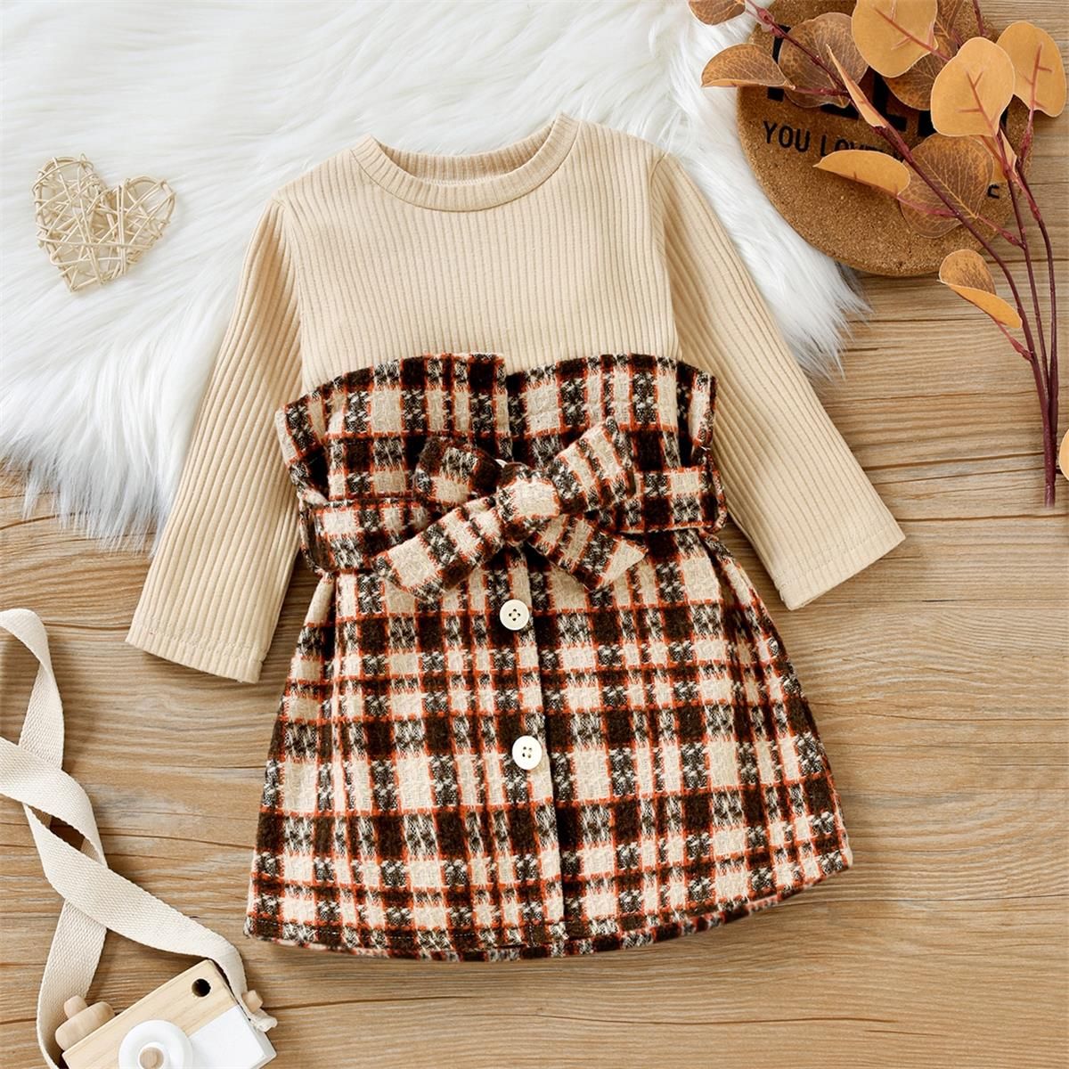 Ribbed Long-sleeve Splicing Pink Plaid Belted Baby Faux-two Dress
