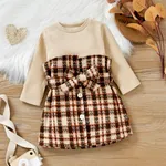 Ribbed Long-sleeve Splicing Pink Plaid Belted Baby Faux-two Dress Khaki
