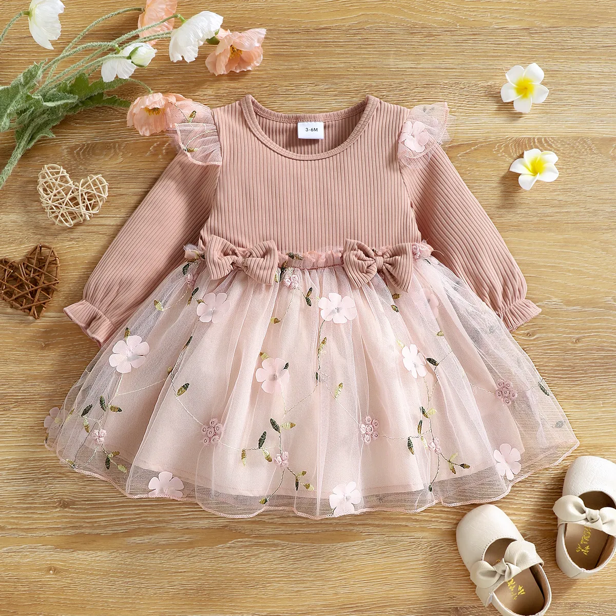 Baby Girl Pink Ribbed Long-sleeve Bowknot Floral Embroidered Mesh Dress Pink big image 1