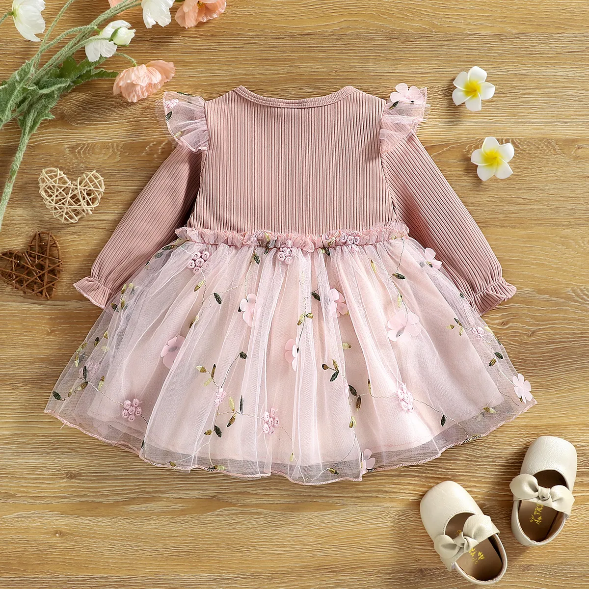 Baby Girl Pink Ribbed Long-sleeve Bowknot Floral Embroidered Mesh Dress Pink image 2