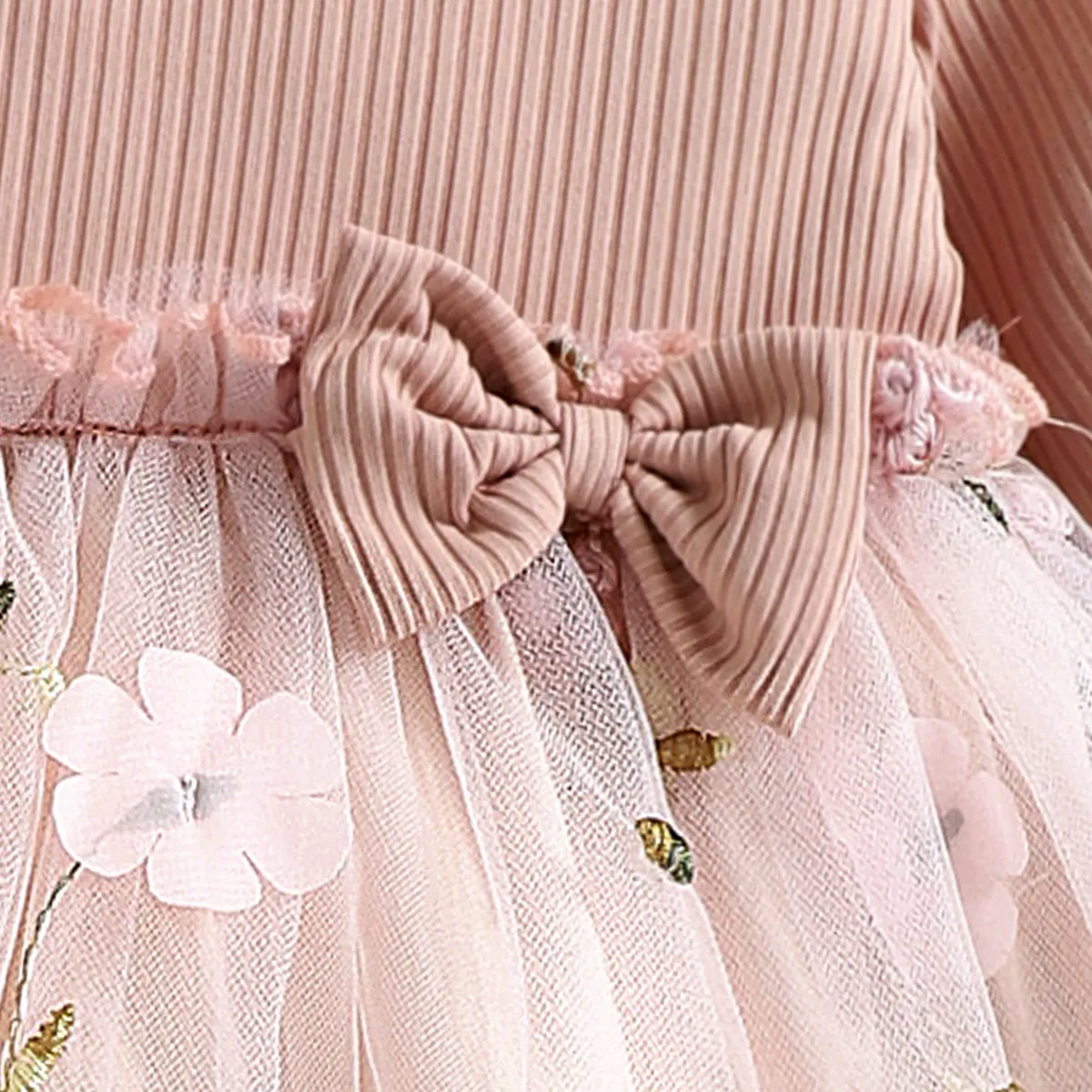 Baby Girl Pink Ribbed Long-sleeve Bowknot Floral Embroidered Mesh Dress Pink image 3