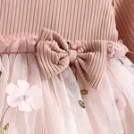 Baby Girl Pink Ribbed Long-sleeve Bowknot Floral Embroidered Mesh Dress Pink image 3