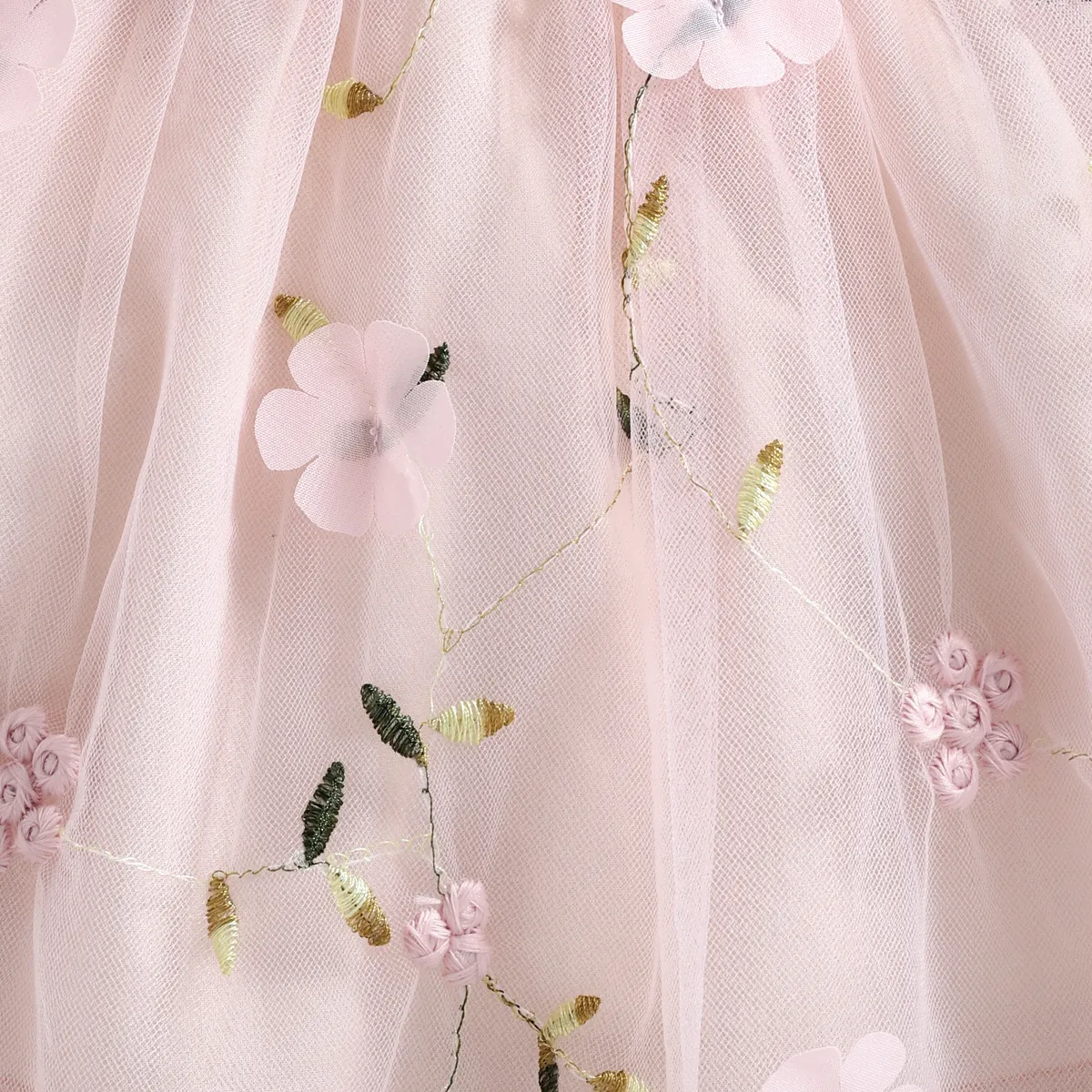 Baby Girl Pink Ribbed Long-sleeve Bowknot Floral Embroidered Mesh Dress Pink image 4
