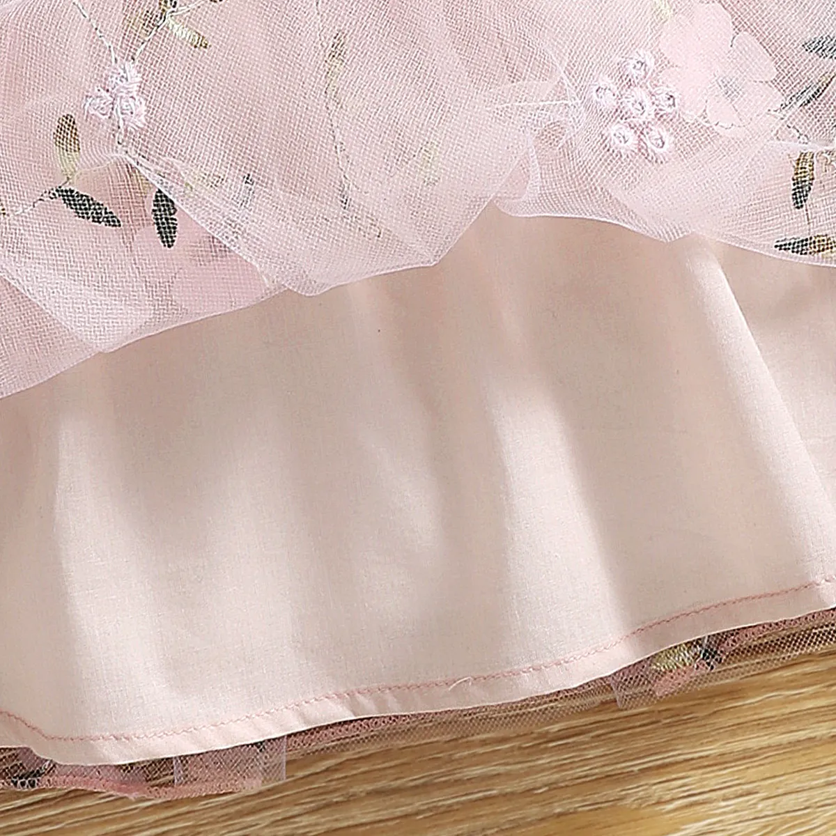 Baby Girl Pink Ribbed Long-sleeve Bowknot Floral Embroidered Mesh Dress Pink image 5