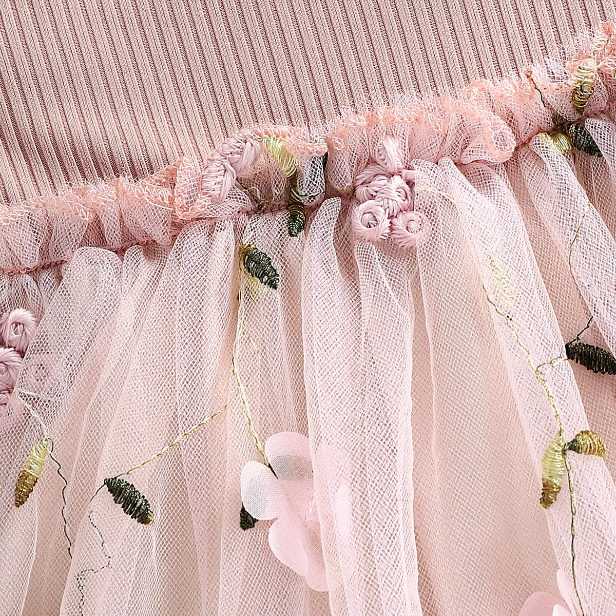 Baby Girl Pink Ribbed Long-sleeve Bowknot Floral Embroidered Mesh Dress Pink image 6