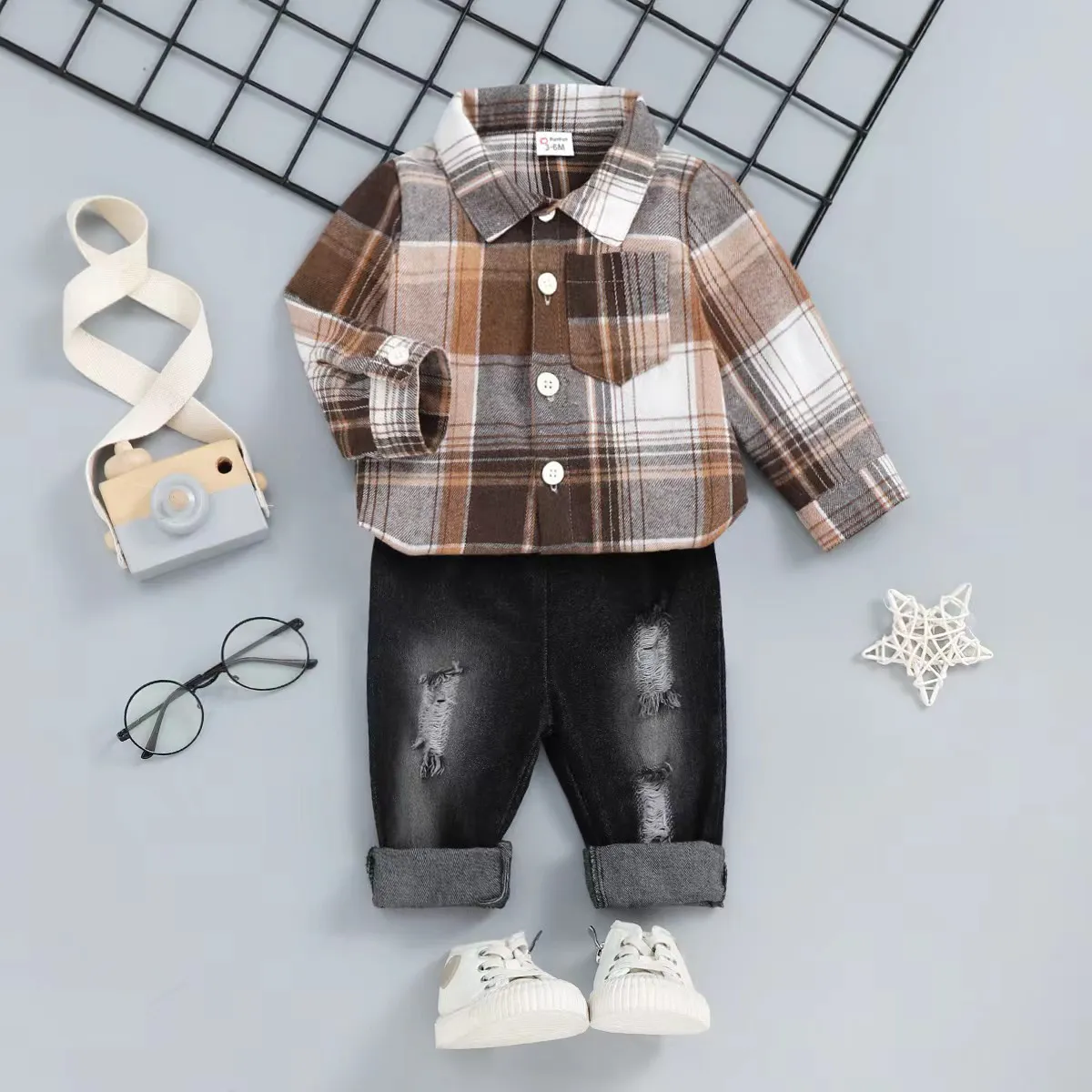 2pcs Baby Boy Long-sleeve Button Up Plaid Shirt And Ripped Jeans Set