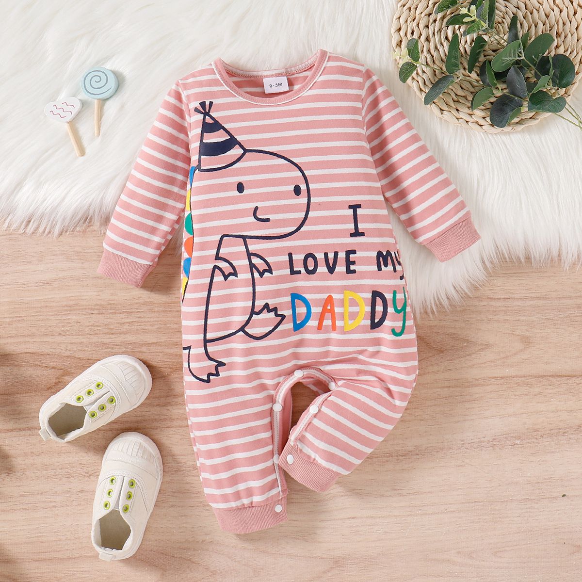 

Baby Girl Dinosaur & Letter Print Pink Striped Long-sleeve Jumpsuit