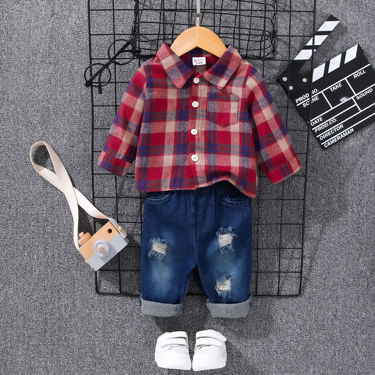 2pcs Baby Boy Long-sleeve Button Up Plaid Shirt And Ripped Jeans Set