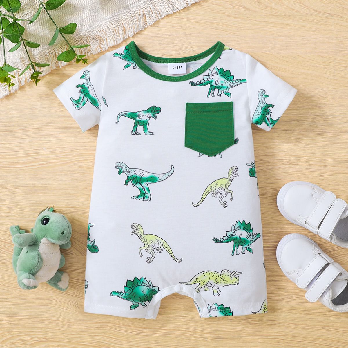 Baby Boy Allover Dinosaur Print Short-sleeve Romper